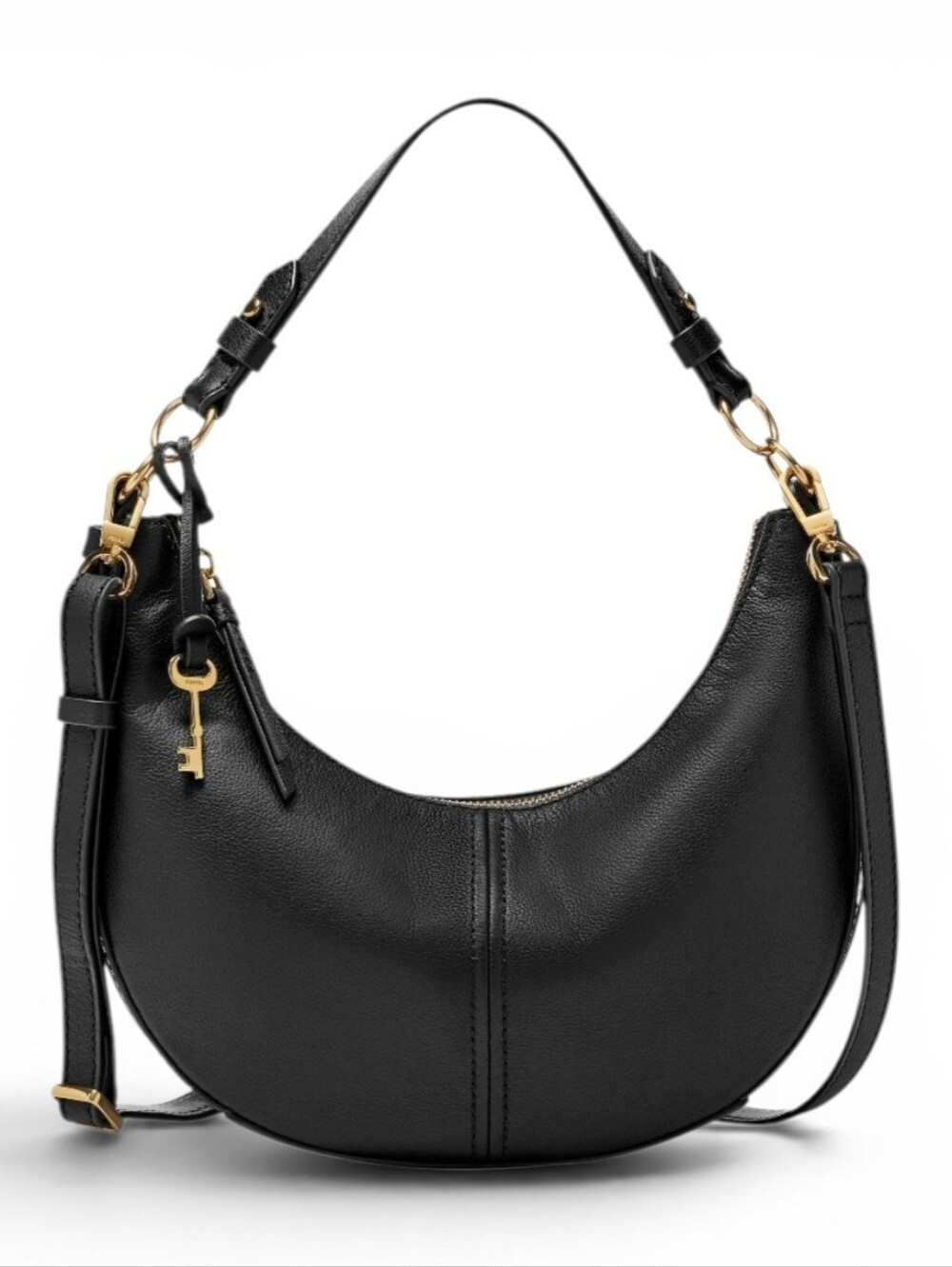 Fossil NWT Black Leather Crescent Shae Hobo/Crossbody Bag